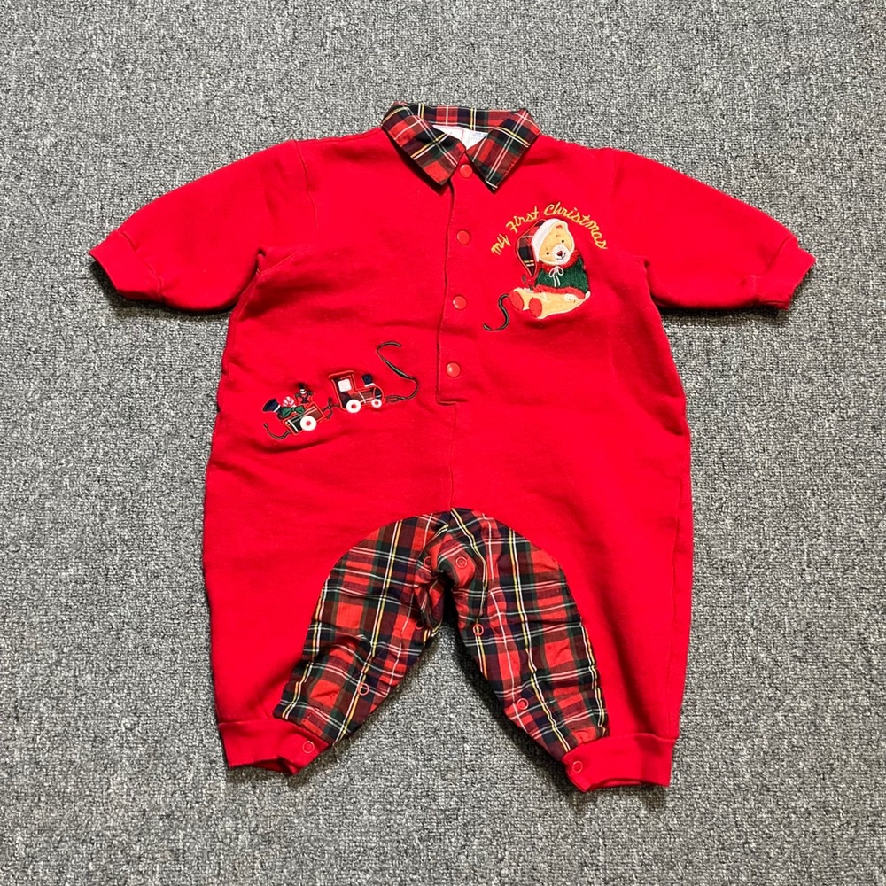 Vintage First Impressions Romper 18M Red My First Christmas‎ Plaid 90s Holiday